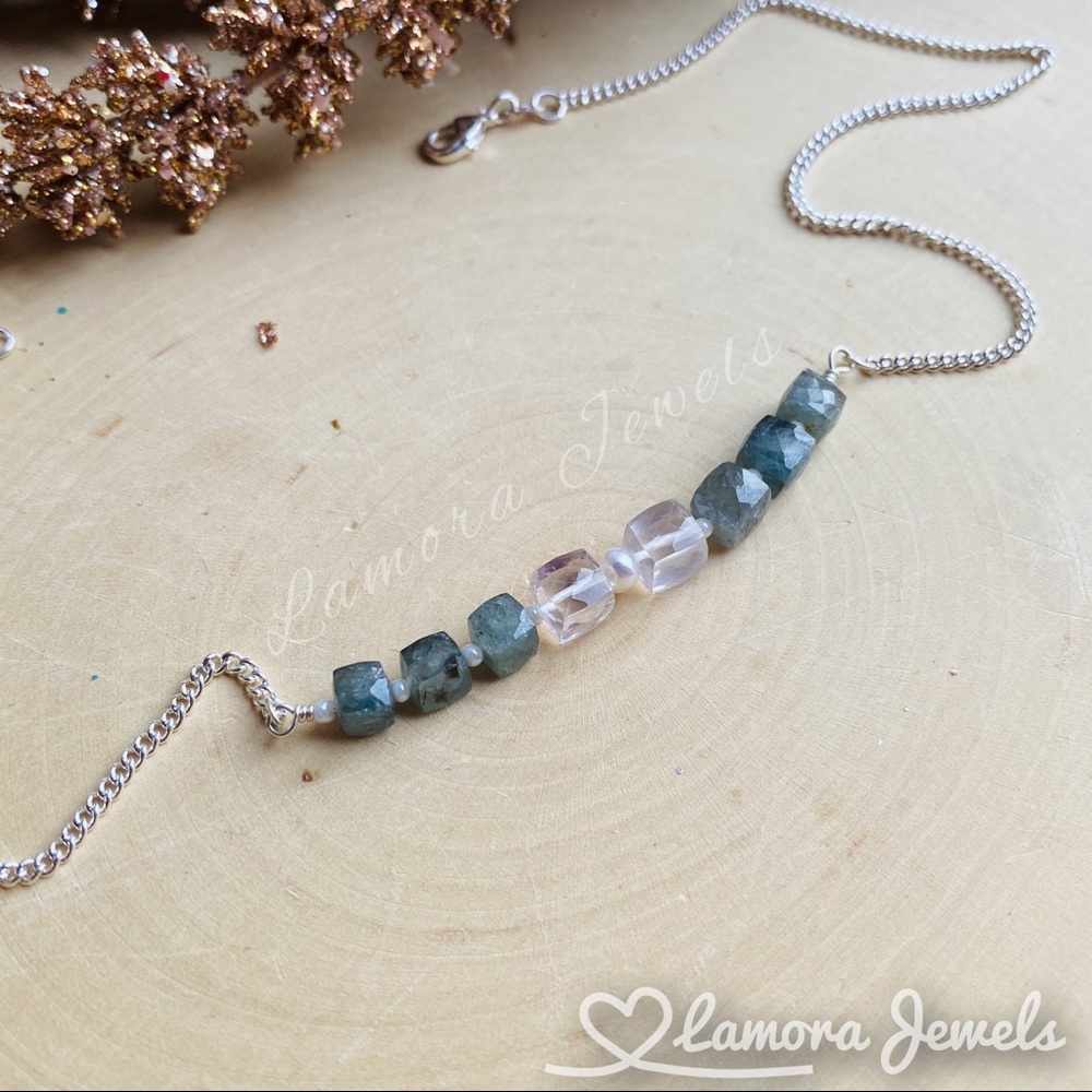 Moss Aquamarine and Rose Quartz Sterling Necklace